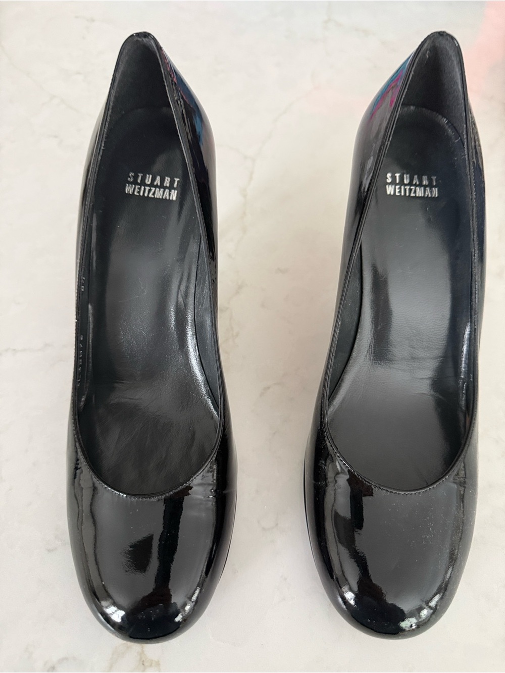 Stuart Weitzman Black Patent Leather Round-Toe Pumps